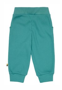 Pantaloni in maglia turchese con un motivo testurizzato, cintura elastica e due tasche laterali. Polsini sul fondo e un piccolo etichetta multicolore.