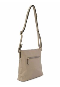 Beige synthetische Schultertasche mit flachem Design, verstellbarem Riemen, vorderer Reißverschlusstasche und schwarzem Besatz an den Rändern.