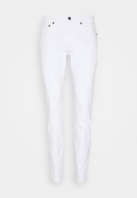 Valkoiset farkut, kapealla istuvuudella, viisi taskua, hopeanvärisillä metalliosilla ja kirjailulla. Sileä pinta ja raikas, moderni ilme.