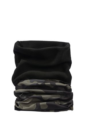 Guler din fleece negru cu o secțiune inferioară cu model camuflaj, conceput pentru căldură și utilizare în aer liber.