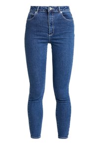 Vysoké, skinny fit džíny v tmavě modrém džínovém materiálu. Obsahují pět kapes, zipový rozkrok a kovové zapínání na knoflík. Hladká textura a žádné viditelné vzory.