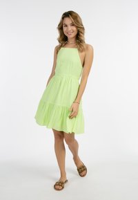 Rochie fără mâneci, de culoare verde deschis, cu un corset ajustat și o fustă în straturi. Pur și simplu cu sandale maro cu talpă joasă, ce au detalii florale colorate.