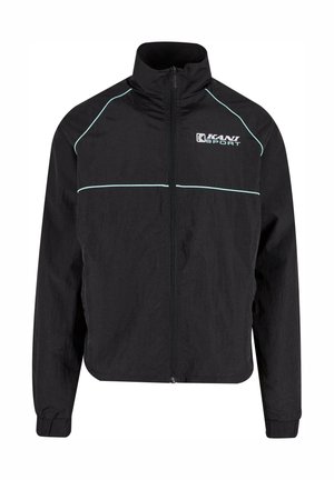 Sacou sport negru, cu guler înalt, fermoar în față și detalii de piping în albastru deschis. Fabricat dintr-un material ușor, texturat.