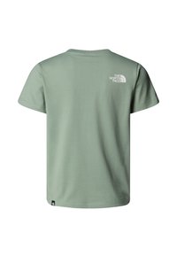 Rövid ujjú, világoszöld pamut póló kerek nyakkivágással és egy kis fehér logóval a felső háton. Sima textúra.