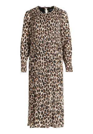 Sukienka w cętki z długimi rękawami, plisowanym krojem, okrągłym dekoltem i wycięciem z tyłu. Materiał w odcieniach jasnobrązowym, czarnym i kremowym.