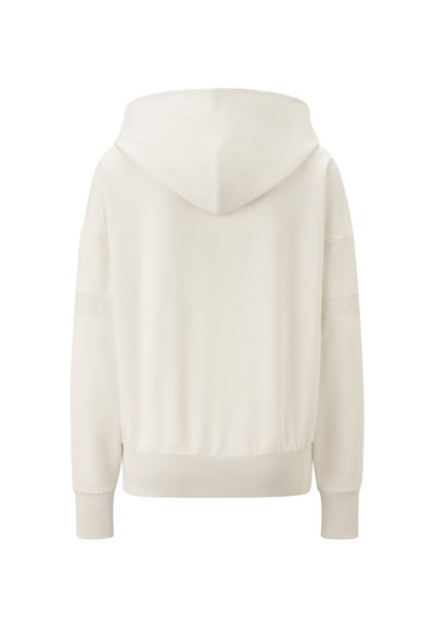 Weißer Hoodie mit Kordelzugkapuze, gerippten Bündchen und Saum. Verfügt über ein strukturiertes Logoband entlang der Ärmel. Weicher Stoff.