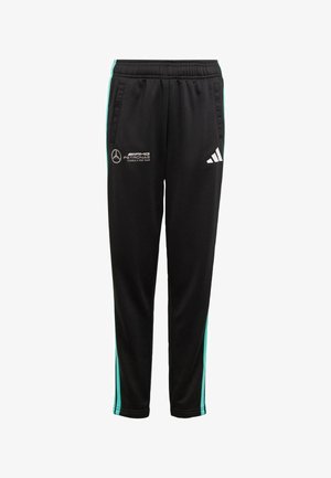 Schwarze Jogginghose aus einem glatten Stoff mit türkisfarbenen Seitenstreifen. Zu den Merkmalen gehören ein elastischer Bund und bedruckte Logos auf der Vorderseite.
