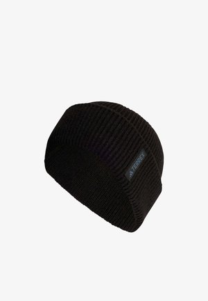 Black knit beanie with a ribbed texture, featuring a small blue Terrex logo on the side and a rounded, soft shape.