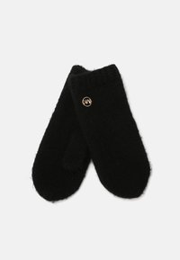 Czarne wełniane rękawice z dzianym mankietem i złotym logo po boku. Miękka tekstura i prosty, funkcjonalny design.