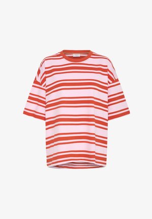 Rød- og hvidstribet t-shirt med korte ærmer, lavet af blødt stof med en løs pasform og rund halsudskæring, der har vandrette striber.