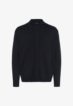 Tamno plava pletiva kardigan s ovratnikom, dugim rukavima i minimalističkim dizajnom dugmeta sprijeda. Mekana tekstura i kroj koji prati tijelo.