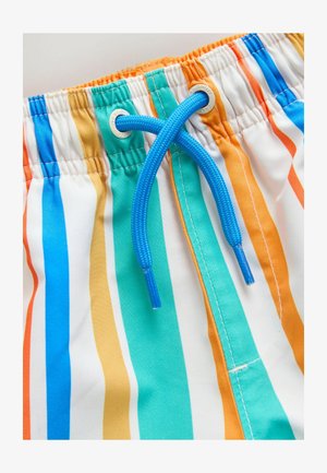 Triibulised ujumistrikoodid, millel on vertikaalsed jooned sinises, rohelises, oranžis ja valges, sinise paelaga ja elastse vöökohaga.