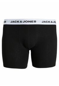 Svarta boxershorts gjorda av ett mjukt tyg, med ett vitt elastiskt midjeband där "JACK & JONES" är tryckt i svart. Klassisk design.