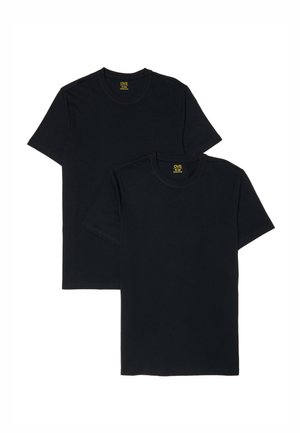 Twee eenvoudige zwarte T-shirts met korte mouwen en ronde hals opgestapeld, met vooraanzicht en zichtbare OVS-merklabels aan de binnenzijde van de hals.
