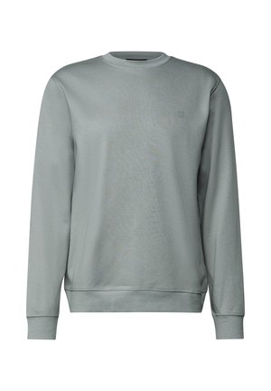 Sweatshirt gris clair en tissu doux, avec des manches longues, un col rond et un logo subtil sur la poitrine.