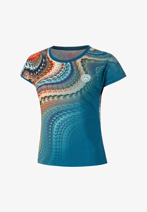 Short-sleeve women’s athletic shirt with blue base and orange, teal, white abstract swirl pattern, round neck, and small circular logo on chest.