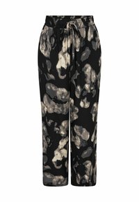 Cropped, black pants with a loose fit, featuring an abstract beige and gray pattern. Elastic waistband with a drawstring for adjustment.