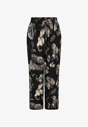 Lühendatud mustad püksid, millel on lõtv lõige ja abstraktne beeži ja halli mustriga. Elastne vöökoht regulatsiooniks nööriga.