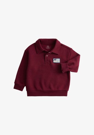 Bordeauxfarbener Langarm-Pullover für Kleinkinder mit Kragen, zwei Druckknöpfen, gerippten Bündchen und einem kleinen rechteckigen Patch auf der Brust.