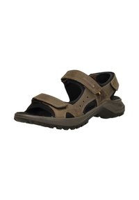 Brown sandals with adjustable velcro straps, black cushioned interior, perforated design for breathability, and textured rubber sole.
