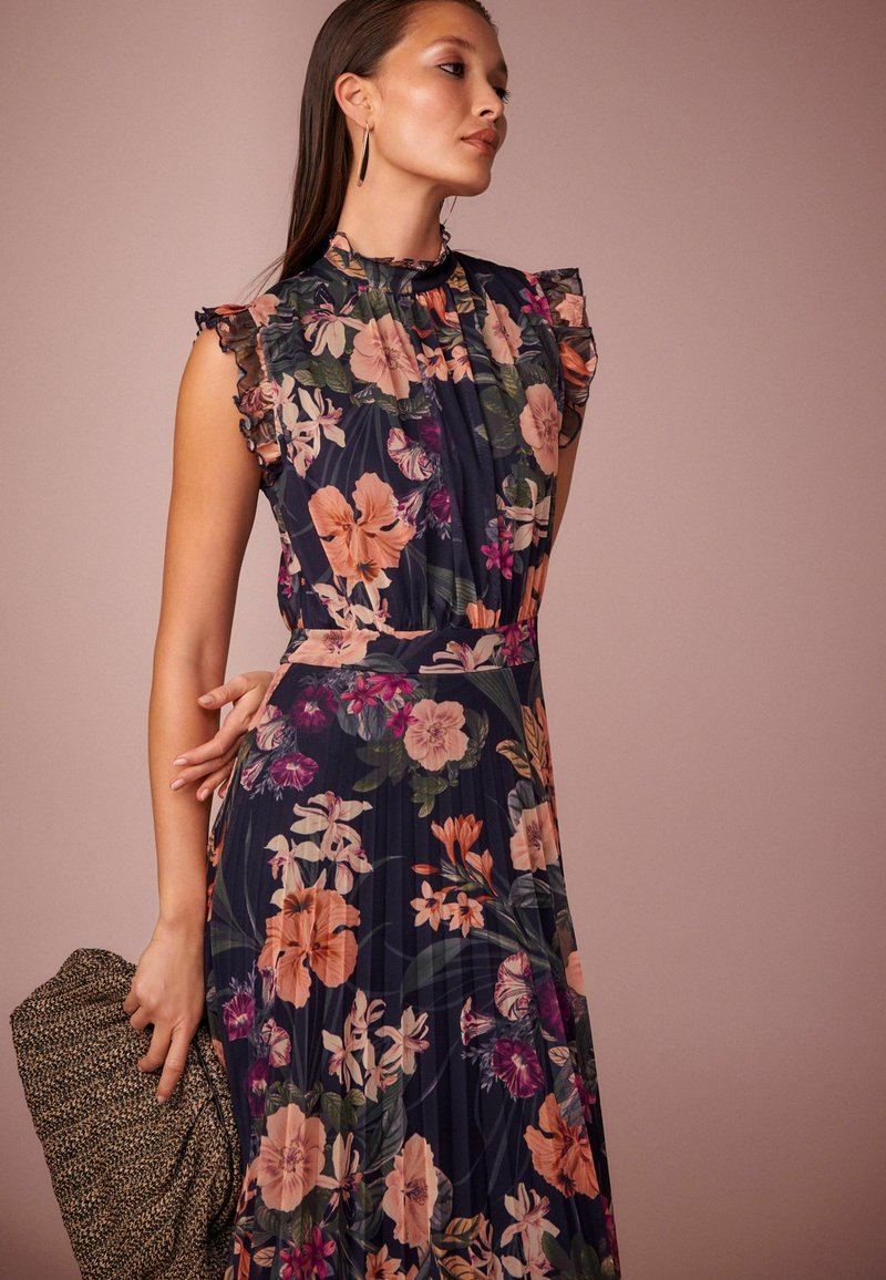 knee length dresses for ladies Adrianna Papell Floral Chiffon A-Line Midi Dress with Cap Sleeves main image 1