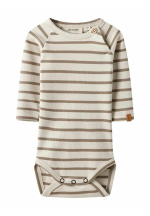 Body pour bébé à manches longues en coton doux, avec une base crème et des rayures taupe, des boutons-pression et une petite étiquette de logo sur le côté.