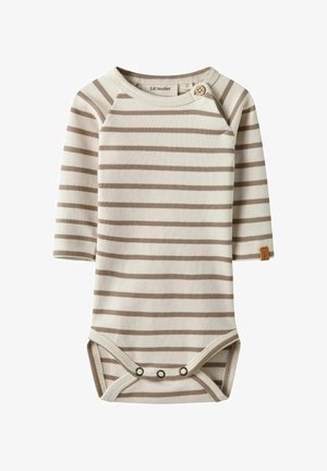 Body neonato a maniche lunghe realizzato in morbido cotone, con una base crema e righe taupe, chiusure a scatto e un piccolo tag con logo sul lato.