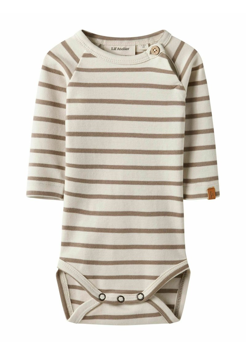 Cuerpo de bebé de manga larga hecho de algodón suave, con una base crema y rayas topo, cierres a presión y una pequeña etiqueta de logo en el lateral.