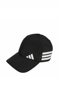 Gorra de béisbol negra con visera curva, que presenta tres rayas blancas en el costado y un acabado de tela texturizada y suave.