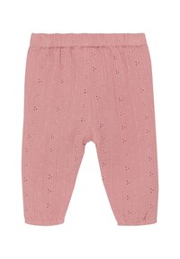 Helle rosa Baumwollhosen mit einem strukturierten, gerippten Design, das kleine, ausgeschnittene Blumenmuster und einen elastischen Bund aufweist.