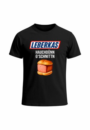 Black cotton t-shirt featuring bold white and blue text reading "LEBERKAS HAUCHDÜNN G'SCHNITTN" above an illustration of a sandwich.