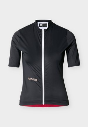 Sort cykeltrøje med korte ærmer, hvid lynlås foran, "sportful" logo nederst til venstre og subtilt ventilationsmønster i stoffet.