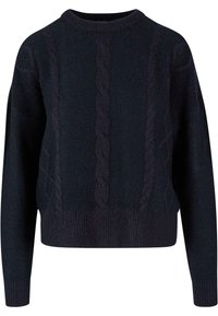 Donkerblauwe gebreide trui met een ronde hals, met een kabelbreiselontwerp dat verticaal loopt, ribgebreide manchetten en zoom.