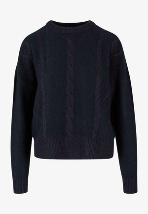 Pull en maille bleu foncé avec un col rond, présentant un motif en côtes torsadées sur toute la longueur, avec des poignets et un ourlet côtelés.