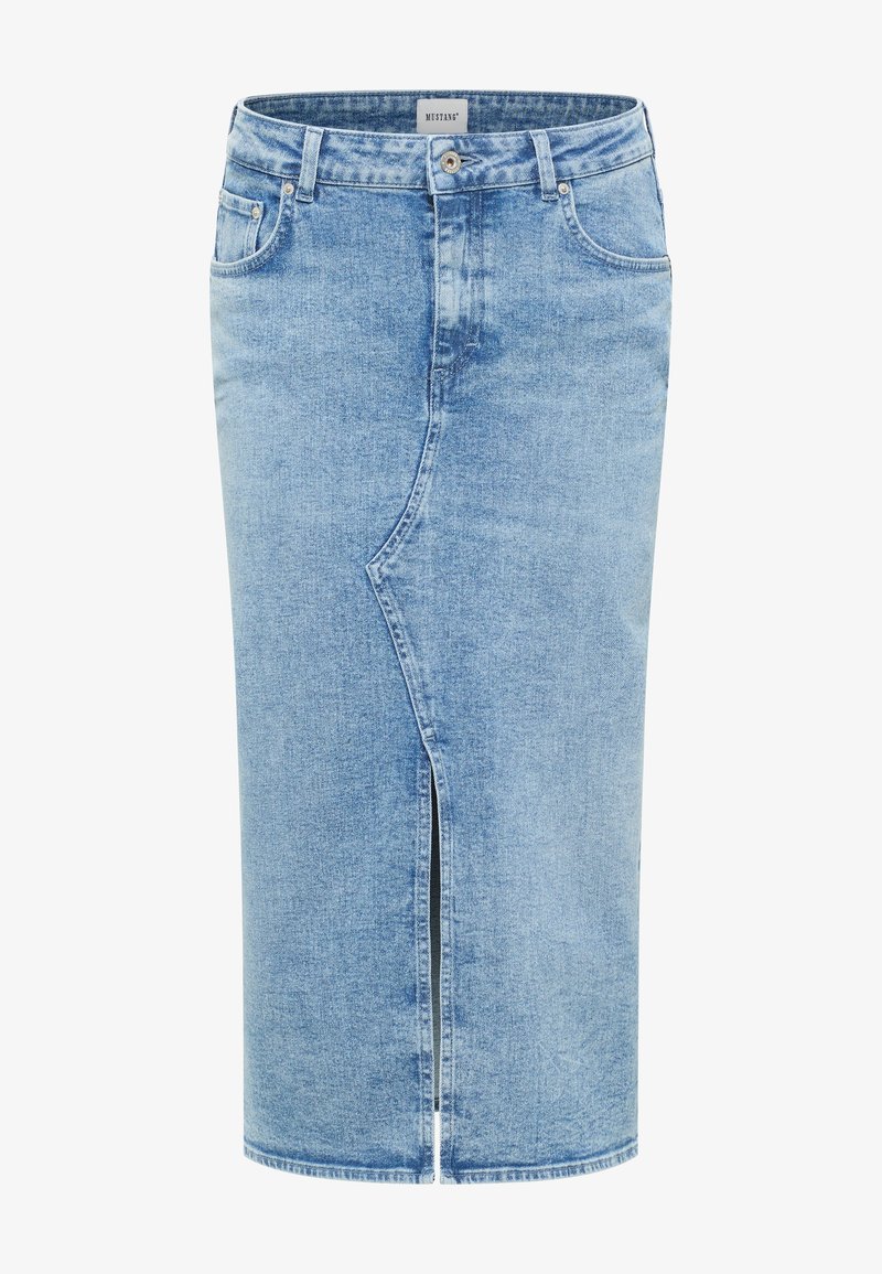 Jeanskjol i ljusblått med slits fram, fem fickor och knappstängning. Har en mjuk textur och rak silhuett.