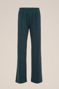 Tumši tirkīzzila, plaša diegu bikses ar elastīgu vidukli un smalkām krokām. Izgatavotas no gludas auduma ar maigu tekstūru.