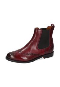 Bottines Chelsea en cuir bourgogne avec panneaux élastiques sur les côtés, détails brogue sur le bout et semelle en caoutchouc noir. Bande de traction à l'arrière.