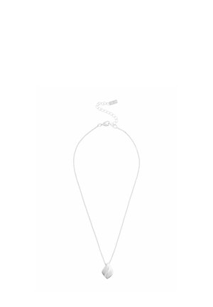 Delicate silver chain necklace with small, twisted diamond-shaped pendant and adjustable clasp closure on a white background.