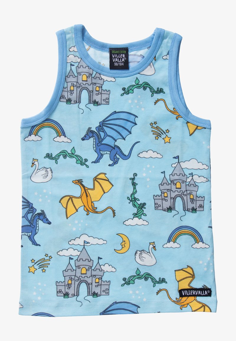 Jasnoniebieska koszulka bez rękawów z nadrukiem zamków, smoków, tęczy, łabędzi, księżyców, gwiazd i zielonych winorośli w zabawnym wzorze.