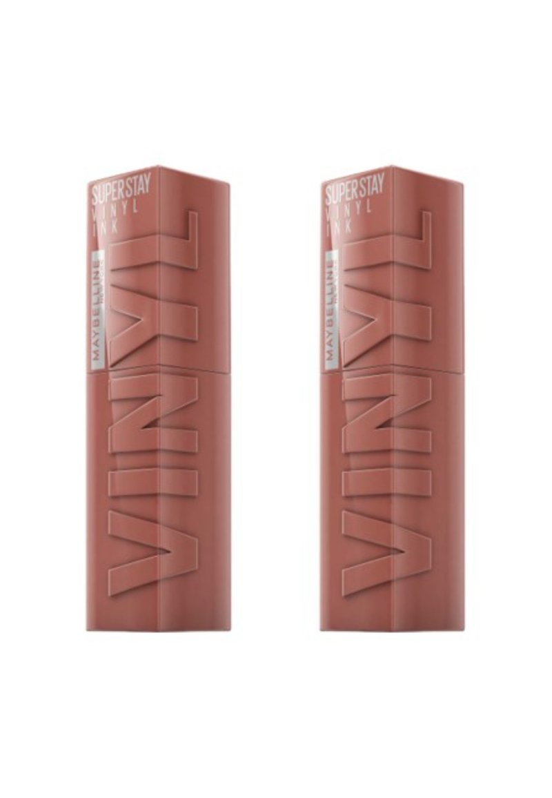 Maybelline Super Stay Vinyl Ink dans un conteneur marron mat, avec des lettres en relief et une forme cylindrique élégante ; deux tubes identiques sur la photo.