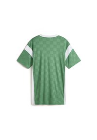 Green checkered short-sleeve jersey with a white collar and side accents, made from smooth fabric, featuring a geometric pattern on the back.