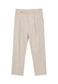 Pantaloni in corda beige con vita alta, fronte plissettato, tasche laterali e chiusura con un bottone. Design a gamba dritta.