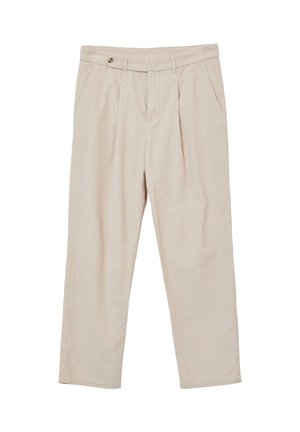 Beige Cordhosen mit hoch sitzendem Bund, gefaltetem Vorderteil, seitlichen Taschen und einem einzelnen Knopfverschluss. Gerade Beinform.