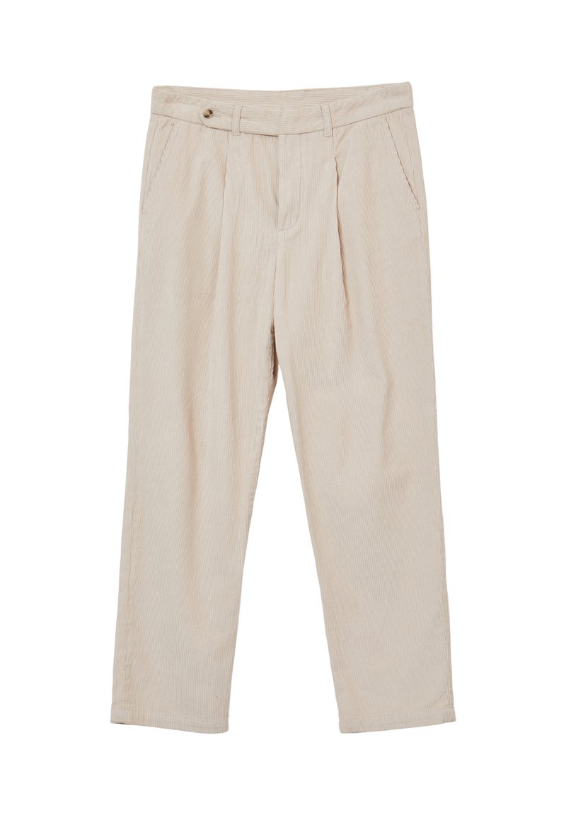 Pantaloni in corda beige con vita alta, fronte plissettato, tasche laterali e chiusura con un bottone. Design a gamba dritta.