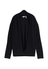 Zwarte open voorzijde cardigan met lange mouwen, geribbelde manchetten en een losse pasvorm, weergegeven tegen een witte achtergrond.