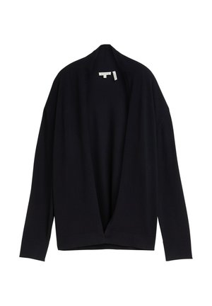 Zwarte open voorzijde cardigan met lange mouwen, geribbelde manchetten en een losse pasvorm, weergegeven tegen een witte achtergrond.