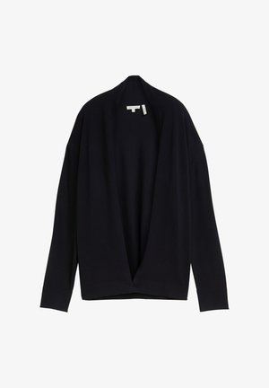 Zwarte open voorzijde cardigan met lange mouwen, geribbelde manchetten en een losse pasvorm, weergegeven tegen een witte achtergrond.