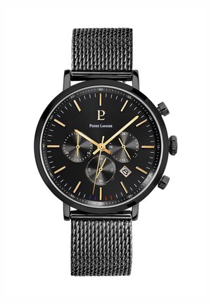 Reloj cronógrafo negro con correa de malla texturizada, caja redonda, esfera negra, manecillas y marcadores dorados, indicador de fecha y subesferas.