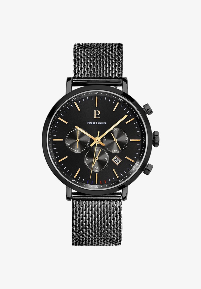 Juodas chronografas laikrodis su tekstūruota tinkline apyranke, apvaliu korpusu, juodu ciferblatu, auksiniais rodyklėmis ir žymekliais, datos rodymu ir subdialais.