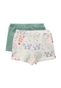 Shorts en coton vert au-dessus et shorts crème en dessous avec des motifs colorés inspirés de la mer, y compris des homards et des crabes, dotés de ceintures élastiques.